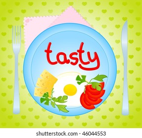 tasty delicious fried eggs on a dish are decorated a tomato and cheese