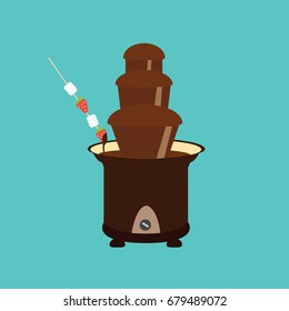 Tasty & Delicious Hot Chocolate Fountain Cartoon. Chocolate Milk Machine Dessert With Stick Vector & Strawberry Fruit & Marshmallow Isolated Dipped Flat Design. Sweet Brown Sauce Fondue. I Love Food