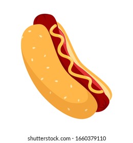 Tasty delicious hot dog vector isolated. Fast food, sausage, mustard and bun. Red ketchup. Unhealthy snack.