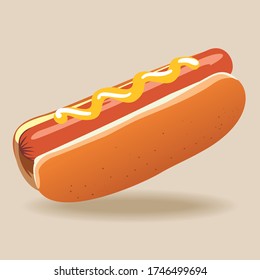 Tasty delicious hotdog vector isolated. Fast food, sausage, mustard and bun. Red ketchup. Unhealthy snack, Fast food.