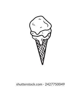 Tasty delicious ice crem in waffle cone with three scoops in black isolated on white. Hand drawn vector sketch illustration in doodle engraved vintage style. Children summer candy, fruits, sorbet.