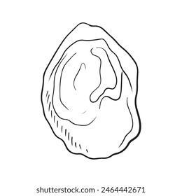 Tasty delicious oyster shell in black isolated on white background. Hand drawn vector sketch illustration in doodle vintage engraved style. Fresh seafood, nutritious, French cuisine, delicacy.