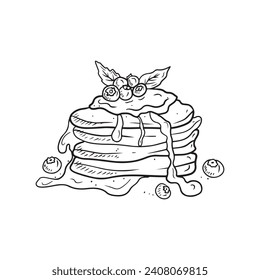 Tasty delicious pancakes with blueberry and mint leaves with vanilla sauce honey in black isolated on white. Hand drawn vector sketch illustration in doodle vintage engraved outline, line art style