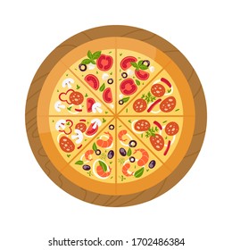 Tasty delicious pizza different slice. Italian food. Salami and mozarella cheese, pepper and onion. Triangle piece. Vector illustration in cartoon style