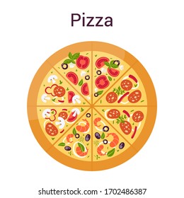 Tasty delicious pizza different slice. Italian food. Salami and mozarella cheese, pepper and onion. Triangle piece. Vector illustration in cartoon style