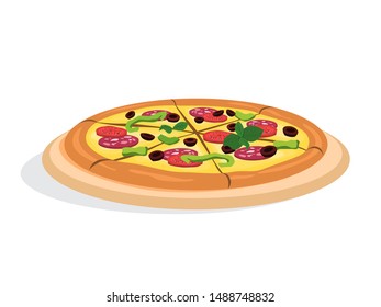 Tasty delicious pizza. Italian food. Salami and mozarella cheese, tomato slice. Isolated vector illustration in cartoon style
