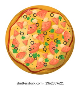 Tasty delicious pizza slice. Italian food. Mozarella cheese, chicken and tomato. Isolated vector illustration in cartoon style