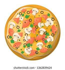 Tasty delicious pizza slice. Italian food. Mozarella cheese, mushroom and tomato. Isolated vector illustration in cartoon style