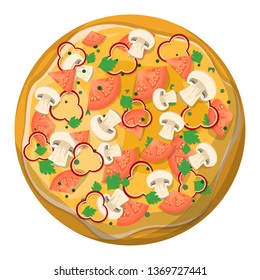 Tasty delicious pizza slice. Italian food. Mozarella cheese, mushroom and tomato. Triangle piece. Vector illustration in cartoon style