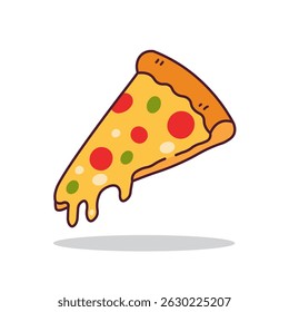Tasty delicious pizza slice. Italian food. Salami and mozarella cheese. Triangle piece. Vector illustration in cartoon style