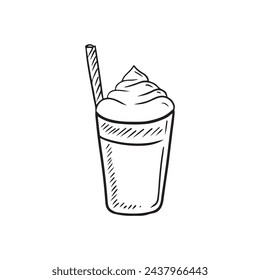 Tasty delicious pumpkin spicy latte coffee with straw and cream isolated on white background. Hand drawn vector sketch illustration in doodle engraved style. Cafe, coffee brake, ice latte, delicious