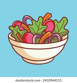 Tasty delicious savory foods premium vector arts. Salad bowl cartoon doodle 