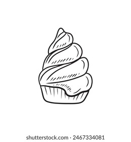 Tasty delicious shortbread basket with cream with chocolate glaze in black isolated on white background. Hand drawn vector sketch illustration in doodle vintage engraved style. Dessert, cafe.