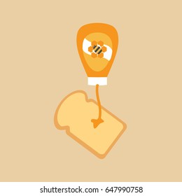 tasty & delicious simple modern flat design style vector honey toast & spread bread piece or slice with a clean bottle cartoon pouring & one bee on the label. sweet isolated food.