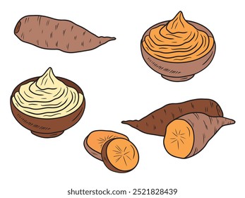 Deliciosa batata entera y en rodajas con puré de patata y salsa de mayonesa y ajo. Dibujado a mano ilustración de boceto de Vector en estilo de arte de línea vintage grabado doodle. Cena, comida rápida