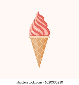 Tasty delisious Ice Cream Cone. Strawberry soft icecream. Pink waffle dessert isolated on white background. Vector illustration.