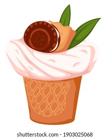 Tasty dessert with cookie and decorative leaf. Isolated sweets or ice cream with mousse and vanilla flavor. Baked product. Menu for restaurant or cafe, bakery shop assortment. Vector in flat style