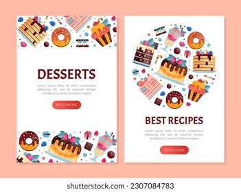 Tasty Dessert Design with Cake and Sweet Donut with Chocolate Vector Template