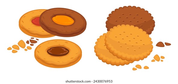 Tasty dessert for eating, isolated crunchy cookies with jam filling. Dietary meal, product with ecological ingredients low in sugar and calories. Delicious meal from store. Vector in flat style