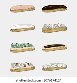 Tasty dessert, eclair cake set with different flavors. Sweet eclair with chocolate, pistachio glaze, custard cream. Bread baked food. Flat style vector illustration for bakery shop, pastry. Logo, menu