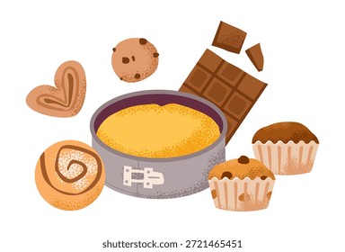 Tasty dessert featuring a baked cake in a tin, chocolate bar pieces, cookies, pastries, and muffins for a cozy baking.