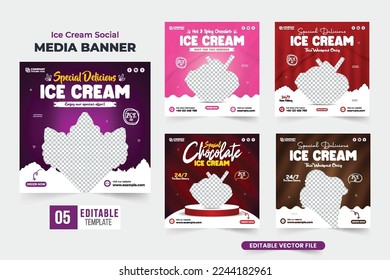 Tasty dessert promotional poster bundle designed with purple and dark colors. Ice cream business social media post collection for marketing. Delicious ice cream advertisement template set vector.