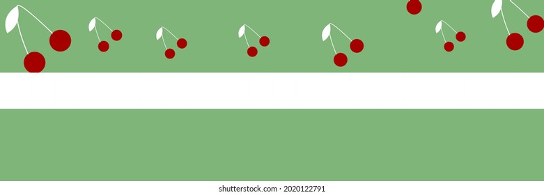 Tasty Dessert Retro Red Repeat Pattern Berries Print Illustration. Textile Healthy Cherries Cute Bright Fruit Green Wallpaper. Negative White Vitamin Vintage Colorful Spring Summer Sweet Pattern.