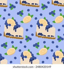 Tasty dessert seamless pattern with blueberry cheesecake and slice of lemon. Vector hand drawn food illustration on blue background. Good for wrapping paper, background, kitchen textile