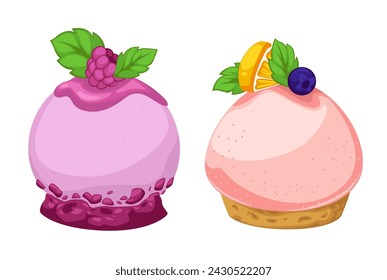 Tasty dessert with sweet mousse, cream and crunchy wafer. Isolated cookies or biscuits with fruits and mint, raspberry and blueberry with orange slice. Delicious meal in cafe. Vector in flat style