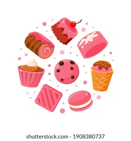 Tasty Desserts Banner with Sweets in Round Shape, Bakery, Candy Shop, Cafe, Confectionery Design Cartoon Vector Illustration