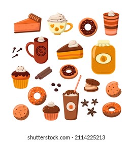 Tasty desserts and coffee cartoon illustration set. Pumpkin and chocolate pie, donut and muffins. Hot frappe, fall and Halloween drinks with spices isolated on white background. Food, beverage concept