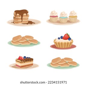 Postres sabrosos con pastelitos, crepes, repostería y pasteles en vectores de plate