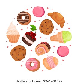 Tasty desserts in round shape. Sweet treats and sweets banner, poster, card design template cartoon vector