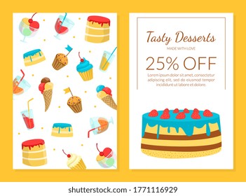 Tasty Desserts Special Offer Template, Happy Holiday Flyer, Menu, Coupon, Banner, Poster Vector Illustration