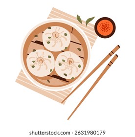 Soma escura saborosa e bolinhos. Ilustração de vetor plano de somatório escuro em uma cesta de bambu. Bolinhos chineses tradicionais e elementos de cozinha em um layout acolhedor.