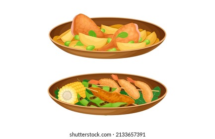 Tasty dinner dishes set. Fried potato and drumsticks, and seafood served on plates, main courses served on plates vector illustration