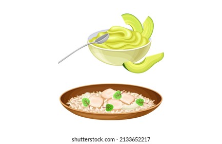 Para la cena se sirven deliciosos platos. Vocado de Risotto y rebanado servido en placas ilustración vectorial