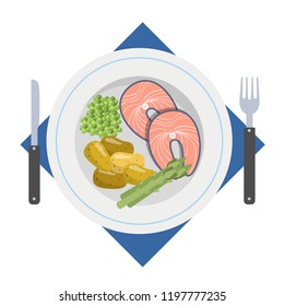 Tasty dinner with fish and potato. Delicious lunch with hot seafood meal on the plate. Isolated flat vector illustration