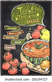 Tasty dinner here  chalkboard menu and soup   vegatables