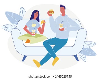 Tasty Dinner at Home Flat Vector Illustration. Girlfriend and Boyfriend Sitting on Couch Cartoon Characters. Man and Woman Eating Pizza and Hamburger, Drinking Delicious Soda. Unhealthy Nutrition