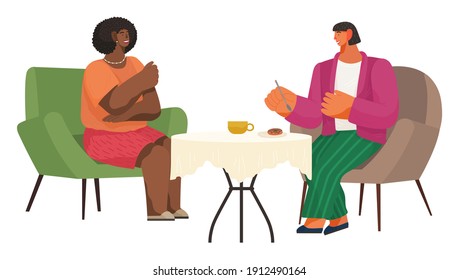 Tasty dinner at home vector illustration. Couple eating donut and drinking tea. Girlfriend and boyfriend sitting on couches cartoon characters. Joint nutrition isolated on the white background