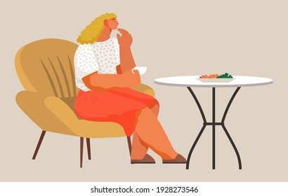 Tasty dinner at home vector illustration. Girl eating vegetable salad and drinking tea at home. Female character sitting on couch cartoon character. Healthy nutrition isolated on grey background