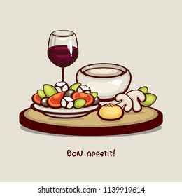 Tasty dinner vector illustration. Fresh greek salad with feta cheese, tomato and black olive, mushroom cream soup and glass of red wine. Healthy food for business lunch. Restaurant menu design.