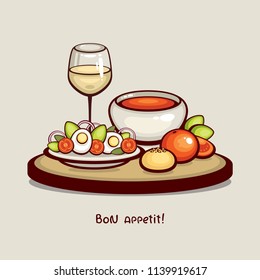 Tasty dinner vector illustration. Salad with tomato, onion and eggs, tomato cream soup and glass of white wine. Healthy food for business lunch. Restaurant menu design.