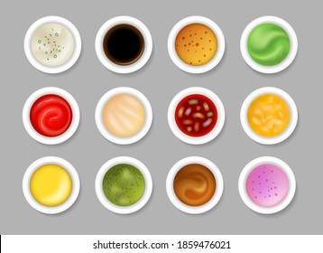 Tasty dip sauces. Dipping sauce set, green guacamole and red salsa with parsley, chocolate or soy and sweet chilli in white bowls