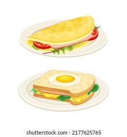 Tasty Dish with Eggs Served on Plate as Savory Breakfast Meal Vector Set