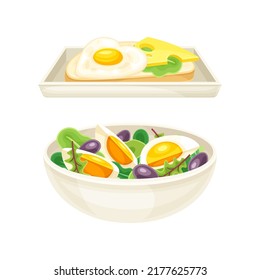 Geschmackvolle Speisen mit Eiern, die auf dem Plate serviert werden, als gesundes Frühstück Mehl Vektor Set