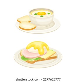 Tasty Dish with Eggs Served on Plate as Savory Breakfast Meal Vector Set