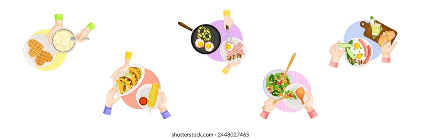 Tasty Dish Served by Human Hand on Plate Above View Vector Set