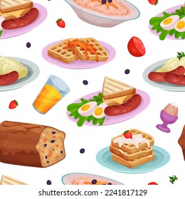 Geschmackvolle Gerichte zum Frühstück, nahtlos. Englisches Frühstücksmahl, das den Druck auf Tapeten, Verpackungspapier, Textilien, Design-Cartoon-Vektorgrafik wiederholt